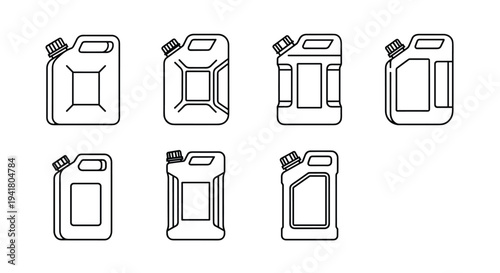 A set of oil can illustrations in various orientations on a white background