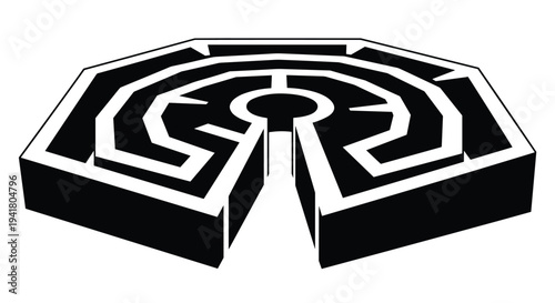 Black and white illustration of a broken maze puzzle with a missing piece, Generative AI.