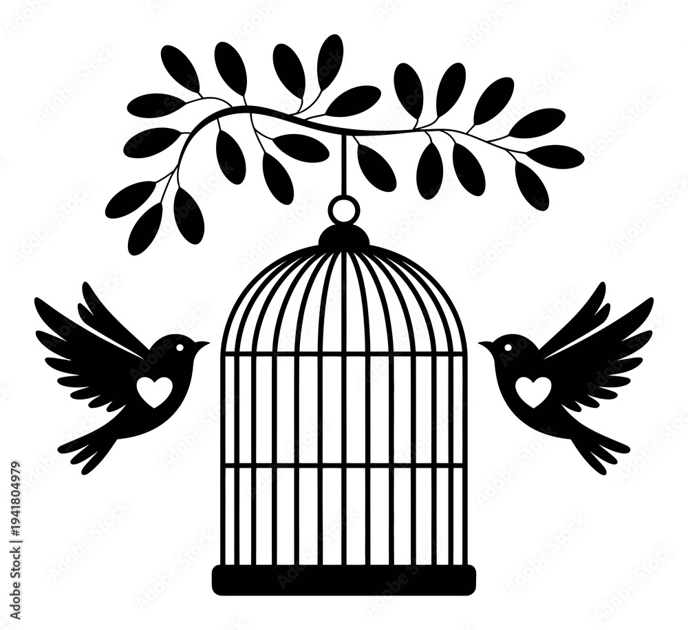 Fototapeta premium Silhouette of two birds flying near a birdcage hanging from a tree branch