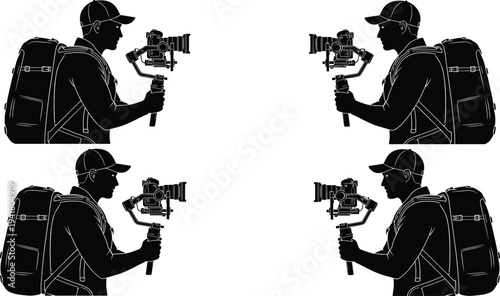 Videographer with camera gimbal silhouettes collection, professional filmmaker recording video with stabilizer and backpack, content creator isolated people set