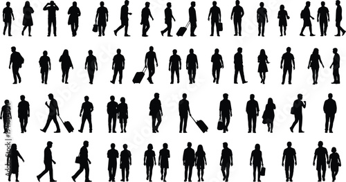 Walking people silhouettes collection, men and women pedestrians with bags and luggage, urban crowd movement isolated human figures set