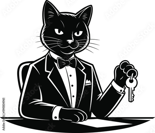 Black cat in tuxedo holding keys bow tie sitting
