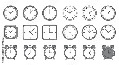 A collection of various clocks and alarm clocks on a white background