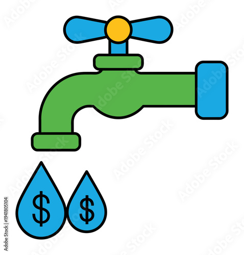 Dripping Faucet with Dollar Signs in Water Drops Symbolizing Water Costs