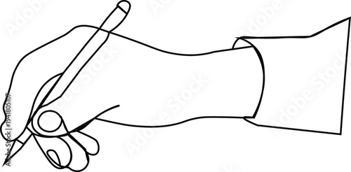 Minimalist continuous line drawing of a hand holding a pen for writing signing documents and creative storytelling concepts.