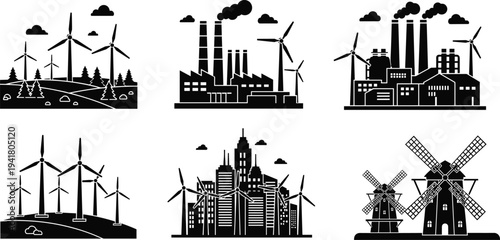 Black silhouette vector illustration set of wind turbines, factories, cityscapes, and traditional windmills highlighting renewable energy and industrial integration