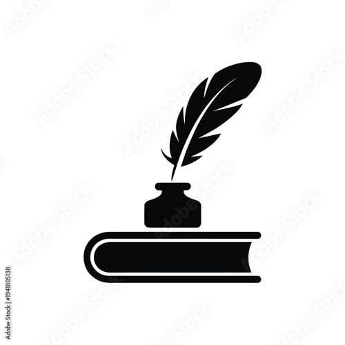 A black silhouette depicting a quill pen inkwell and stacked book
