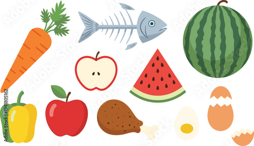 Food Ingredients Icon Set with Fruits, Vegetables, Meat, Eggs, Fish, and Watermelon for Healthy Cooking and Kitchen Illustration.