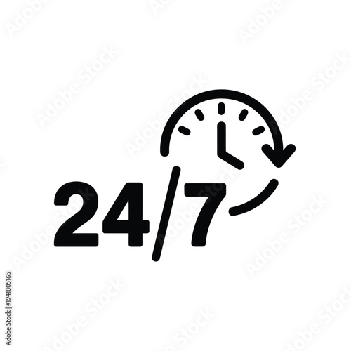 A black and white icon depicting 24 7 availability with a clock symbol