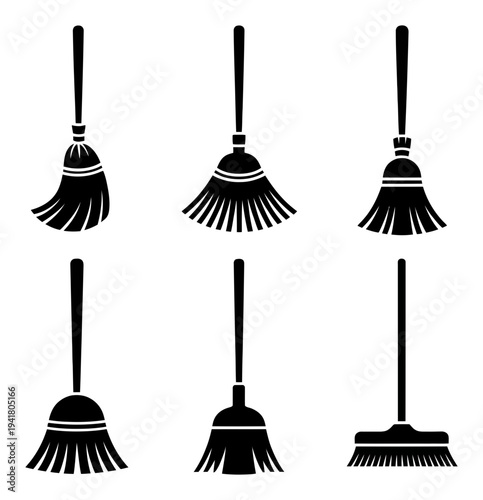 Collection of six black silhouette brooms on a white background