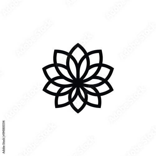 A minimalist black and white illustration of a stylized lotus flower bloom