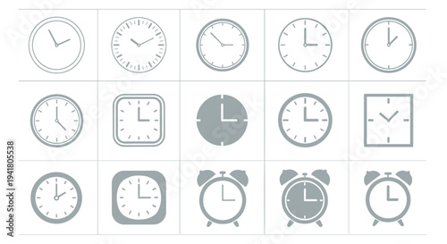 A collection of various clock and alarm clock icons in different styles and shades of gray