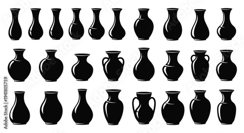 A collection of black vase silhouettes arranged in rows on a white background