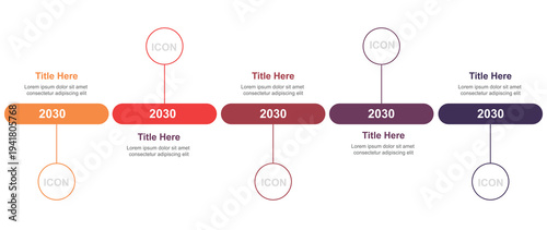 A colorful infographic template with five sections and a futuristic timeline for the year 2030