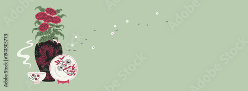 A banner featuring an oriental vase with a dragon and red flowers, a plate, and a cup.