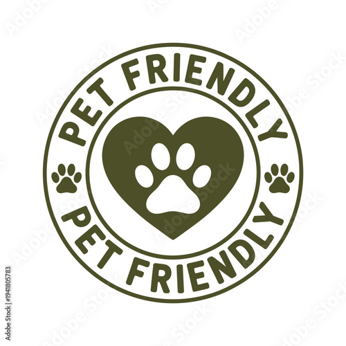 A circular pet friendly badge featuring a heart with paw prints