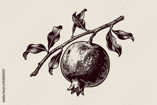 Hand-drawn pomegranate hanging from a leafy branch in vintage engraving style on beige background, representing natural fruit concept