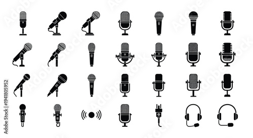 A collection of various microphones and headphones on a white background