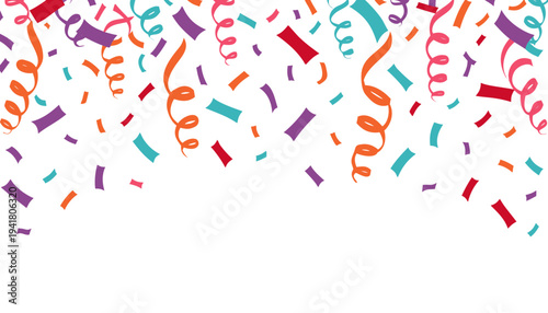 Colorful seamless pattern design featuring a set of birthday party streamers and confetti isolated on a white background as a festive celebration wallpaper decoration vector illustration