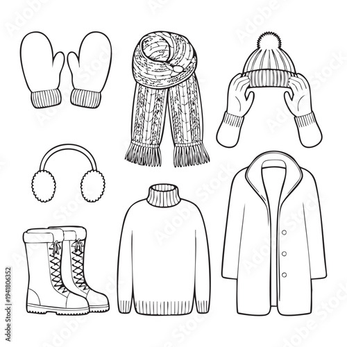 Winter clothing and accessories set including mittens scarf hat earmuffs boots sweater and coat