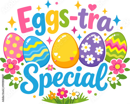 Joyful cartoon Easter bunny leaping with excitement, arms and legs spread, big happy smile, blush cheeks, surrounded by colorful patterned Easter eggs, flowers, hearts, stars and music notes.