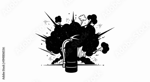 Silhouette of a fire extinguisher amidst an explosion of black smoke and white bursts