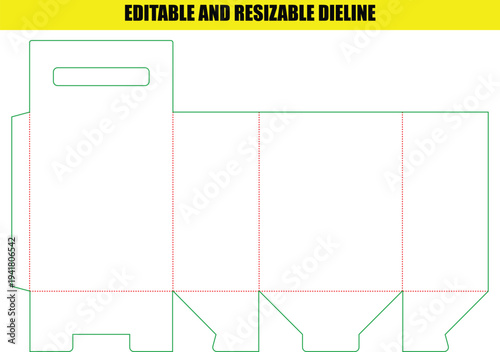 Handle top packaging die line for portable product cartons or carry boxes