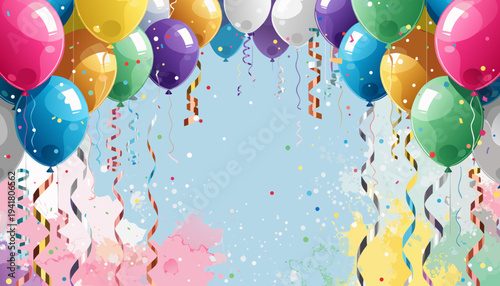 Gemini said

Colorful party balloons with confetti and ribbons float on a blue background for a happy birthday celebration or holiday anniversary card design illustration