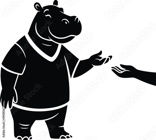 Black cartoon hippopotamus wearing a shirt offering something to a human hand