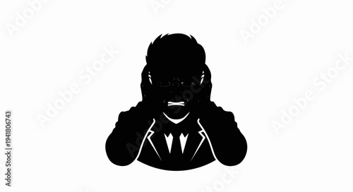 Silhouette of a figure in a suit, hands over ears, in distress