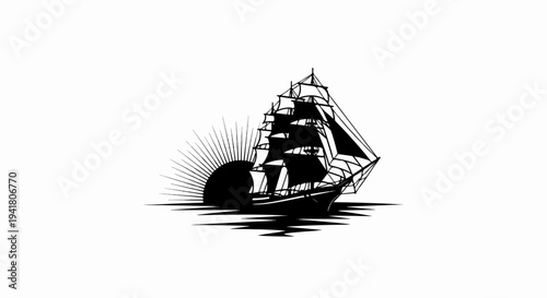 Silhouette of a large sailing ship against a sunburst and water