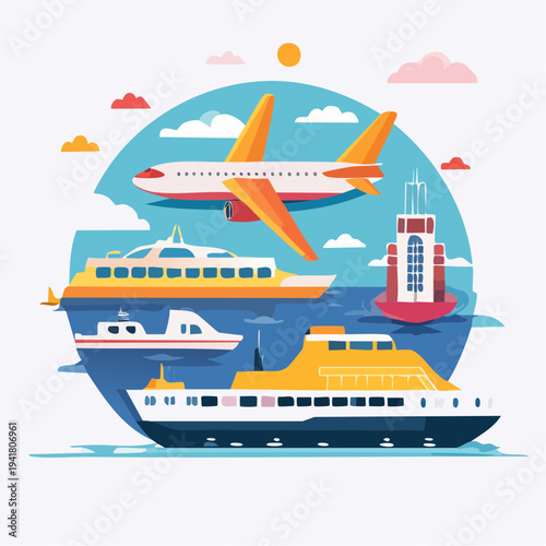 Various vehicles for travel and transportation including an airplane, ferry, and boat