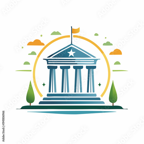Government Building Icon With Columns, Pediment, And Trees