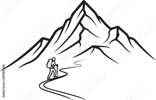 Silhouette of a lone hiker with a backpack ascends a winding path towards a majestic mountain