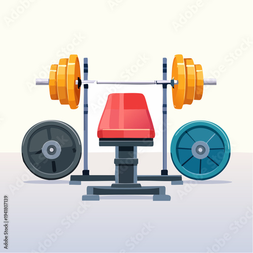 Illustration of a weight bench and barbell with heavy plates, essential gym equipment for effective strength training and fitness workouts