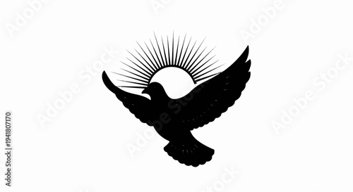 Silhouette of a dove with outstretched wings against a radiant sun symbol