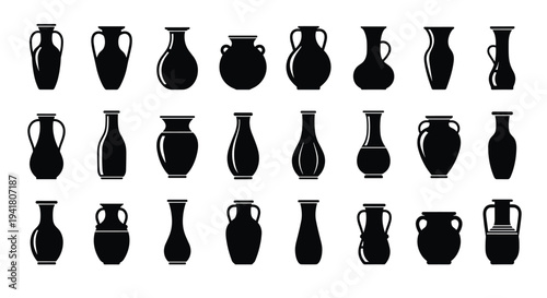 A collection of various black vase silhouettes arranged in rows on a white background