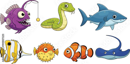 Cute Sea Creatures Cartoon Set with Shark, Stingray, Puffer Fish, Clownfish, Anglerfish, and Sea Snake for Kids Ocean Illustration.
