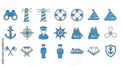 A collection of nautical icons in blue and white on a clean white background
