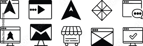 Collection of black and white web design and navigation icons