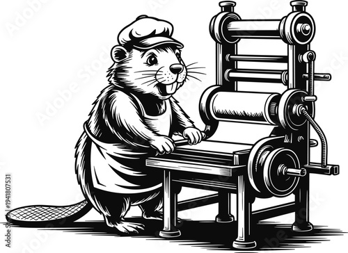 Beaver in apron and cap operating vintage printing press rodent animal machine