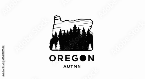 Silhouette of pine trees within the outline of Oregon, text below