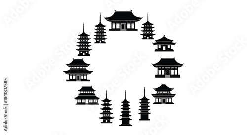 A collection of black pagoda silhouettes arranged in a circular pattern on a white background