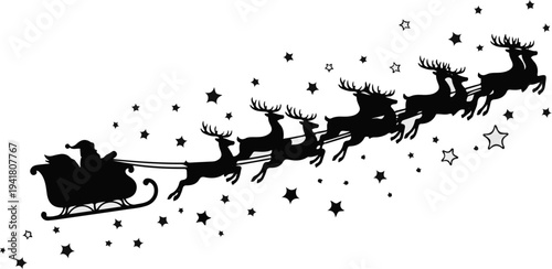 Silhouette of Santa's sleigh pulled by reindeer with stars in the background
