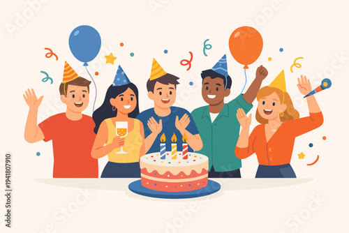 Diverse Group of Happy Friends Celebrating a Birthday Party with a Cake, Candles, Balloons, and Confetti. Men and Women Wearing Party Hats, Smiling, and Cheering in a Flat Vector Illustration Style.