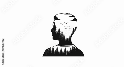 Silhouette of a man's head containing a forest landscape and birds