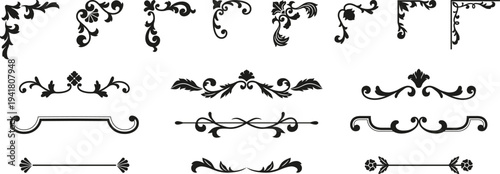 Black text divider and corner vintage ornate frames vector set, fancy decorative elements collection, floral line art