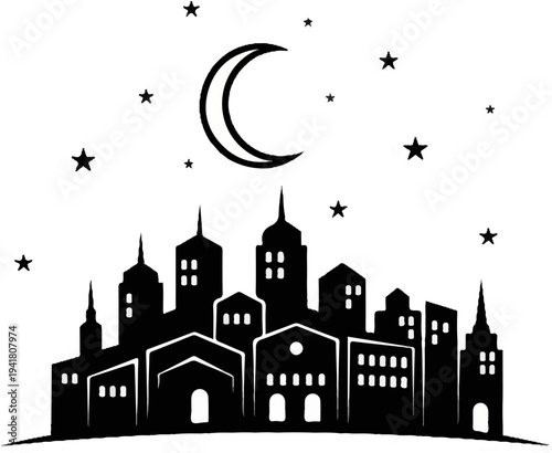 Silhouette of a crescent moon and stars above a cityscape at night