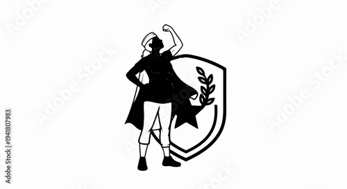 Silhouette of strong woman with cape flexing arm near shield