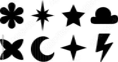 Black star, crescent, flower, cloud, flash lightning shapes with ribbed glass effect, ripple blur elements vector set